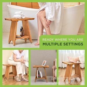 Tabouret de salle de bain en bois massif, 45x30x46 cm, étagère de rangement étanche pour douche, sauna, spa - Product Image 4