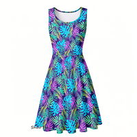 Robe skater pour femme, imprimé feuilles de Monstera tropicales néon, sans manches, col rond, coupe trapèze, avec poches latérales