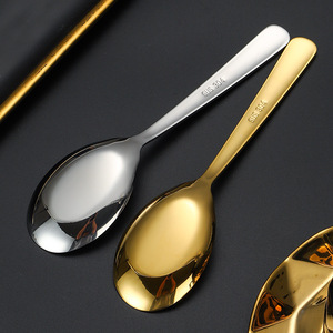 Cuchara de acero inoxidable 304 engrosada, con cabeza redonda, mango largo y base plana, para servir en el hogar, para adultos y niños. - Product Image 2