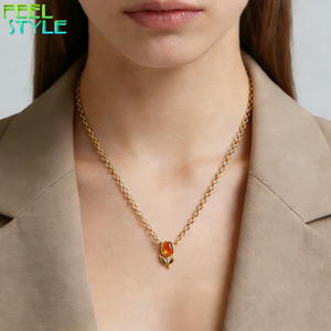 <span class=keywords><strong>Collana</strong></span> con Pendente a <span class=keywords><strong>Tulipano</strong></span> in Zircone Arancione Rosato 5A, Catena a O in Acciaio Inossidabile 316L Placcato Oro PVD Personalizzato, Ciondolo a Fiore - Product Image 3