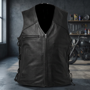 <b>Men's</b> High Quality Canvas Waistcoat with Laces <b>Black</b> Casual Leather <b>Vest</b> Breathable New Design OEM for Motorbike - Product Image 1