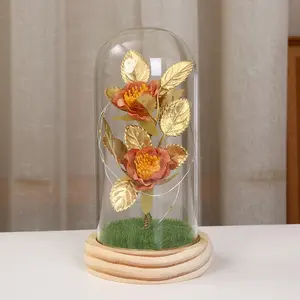 Nouveau vert pelouse artificielle lampe à LED Base en bois fleur feuilles d'or dôme en verre pour cadeau saint valentin fête des mères décor