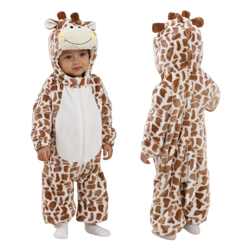 Dài tay áo flannel onesie 0-4.5 năm unisex bé trai cô gái con hươu cao cổ jumpsuits Toddler trùm đầu Rompers