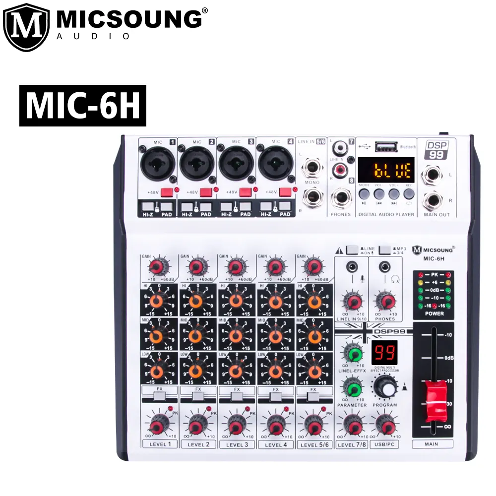 MIC-6H Профессиональный 6 каналов аудио смеситель микшерный пульт DJ контроллер Аудио консоли Смеситель для Встроенный 99 DSP эффект