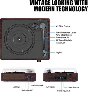 Tocadiscos <span class=keywords><strong>de</strong></span> Vinilo Retro, Reproductor <span class=keywords><strong>de</strong></span> Discos Vintage con Altavoces, 33/45/78 RPM, Compatible con RCA/AUX - Product Image 2