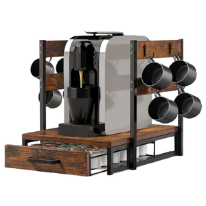 Organisateur de station à café en bois pour comptoir, avec tiroir porte-capsules K-Cup, 8 crochets latéraux pour tasses, support pour machine à café et rangement pour capsules - Product Image 1