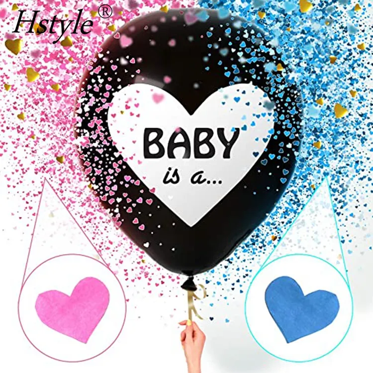 Jumbo 36Inch Baby Geslacht Onthullen Ballon Grote Zwarte Ballonnen Met Roze En Blauw Hart Vorm Confetti Packs Voor Jongen of Meisje SET023