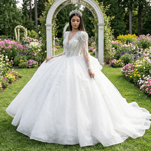 Vestido de Novia Wx88, Vestidos de Novia de Encaje con Pedrería, Falda de Novia con Cuello en V, Mangas Cortas Elegantes, Jancember - Product Image 1