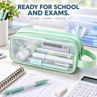 Trousse de Maquillage Double Couche en Maille de Capacité Moyenne, Étui à Crayons Transparent Portable avec Poignée pour Étudiants