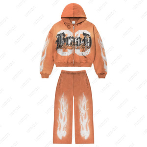Survêtement unisexe personnalisable respirant pour homme, sweat à capuche zippé oversize et pantalon de survêtement évasé en tricot de terylène/polyester 400G Smart - Product Image 3