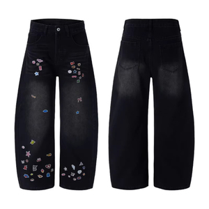 Pantalon en <span class=keywords><strong>jean</strong></span> unisexe <span class=keywords><strong>noir</strong></span> style chinois, coupe ample et large, avec patchs de dessins animés, délavé, style urbain, pour <span class=keywords><strong>femme</strong></span>, décontracté, au quotidien - Product Image 1