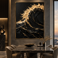 Peinture sur toile texturée 3D Vague Océanique Or Noir, Art Mural de Luxe Paysage Marin pour Hôtel, Villa, Bureau, Décoration de Salon