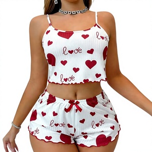 Service OEM Vente en Gros Ensemble Pyjama 2 Pièces Femme Tricoté Doux Imprimé Floral Décontracté Été Caraco et Short 95% Polyester 5% - Product Image 1
