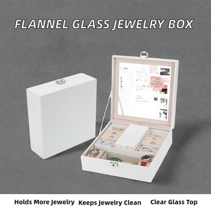 Simple Leather Square Jewelry <b>Box</b> with Transparent Glass Lid Velvet Lining Home Earring & Ring Storage <b>Large</b> Capacity Dust-proof - Product Image 2