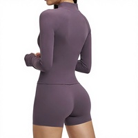 Veste de yoga transfrontalière en Spandex/Nylon brossé, à manches longues, avec poche zippée, anti-transpiration, coupe ajustée, pour sports de plein air et course à pied