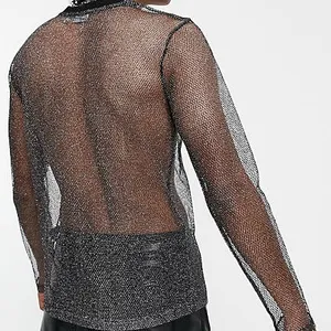 Maglia manica lunga a tracolla prospettiva t-Shirt da <span class=keywords><strong>uomo</strong></span> <span class=keywords><strong>Sexy</strong></span> da Nightclub camicia con fondo in Mesh <span class=keywords><strong>abbigliamento</strong></span> da <span class=keywords><strong>uomo</strong></span> Performance - Product Image 1