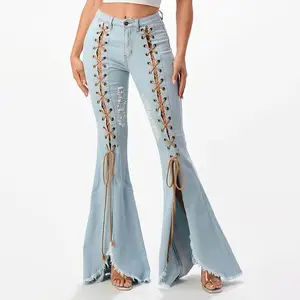 Hoge Kwaliteit Custom Mode Sexy Dames Lichtgewicht Veters Skinny Uitlopende Jeans Slim Fit Hoge Taille Uitlopende Jeans