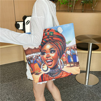 Sac fourre-tout en toile avec impression artistique de fille africaine noire, motif de dessin animé amusant, poignée en corde noire, sacs à bandoulière confortables pour le shopping