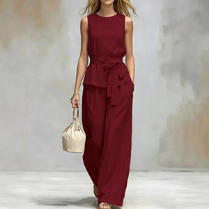 Conjunto de 2 Piezas para Mujer, Top sin Mangas con Cinturón y Pantalones Anchos de Cintura Alta, Elegante y Neutral, Ideal para la Oficina y <span class=keywords><strong>el</strong></span> Viernes Informal - Product Image 5