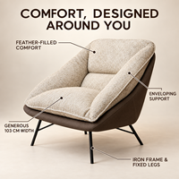 Fauteuil de salon moderne en tissu rembourré de duvet avec structure en fer et pieds métalliques fixes pour projets hôteliers