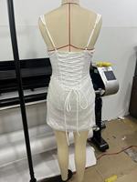 Robe Courte Blanche Tissée à Paillettes, Élégante et Tendance, Style Décontracté de Luxe, Sexy, avec Corset et Dos Lacé, Coupe Moulante, Taille Naturelle, pour Usage Quotidien