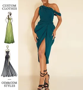 Sexy elegante esmeralda verde Chiffon Assymmetric Strap drapeado fenda plissada Irregular Hem Midi vestido vestidos de festa para as mulheres