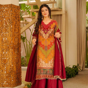 Ensemble de tunique Anarkali en coton imprimé pour femmes indiennes et pakistanaises, avec dupatta uni, longueur au sol, séchage rapide, tenue festive Salwar Kameez - Product Image 1