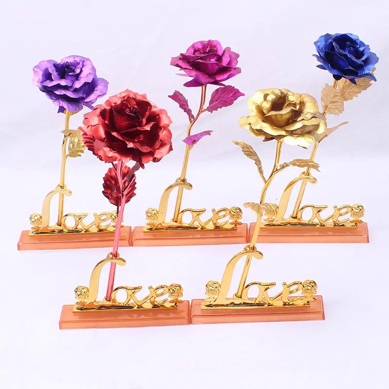 24K Folie Plated Rose Valentijnsdag Gift Minnaar Rose Kunstmatige Met Liefde Base Gold Rose Bruiloft Decoratie faux Flores