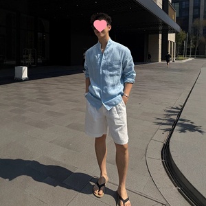 Camicia <span class=keywords><strong>Giacca</strong></span> Casual da <span class=keywords><strong>Uomo</strong></span> in <span class=keywords><strong>Lino</strong></span> con Perline e Pantaloncini Leggeri con Colletto Rialzato Stile Cinese Estivi - Product Image 1