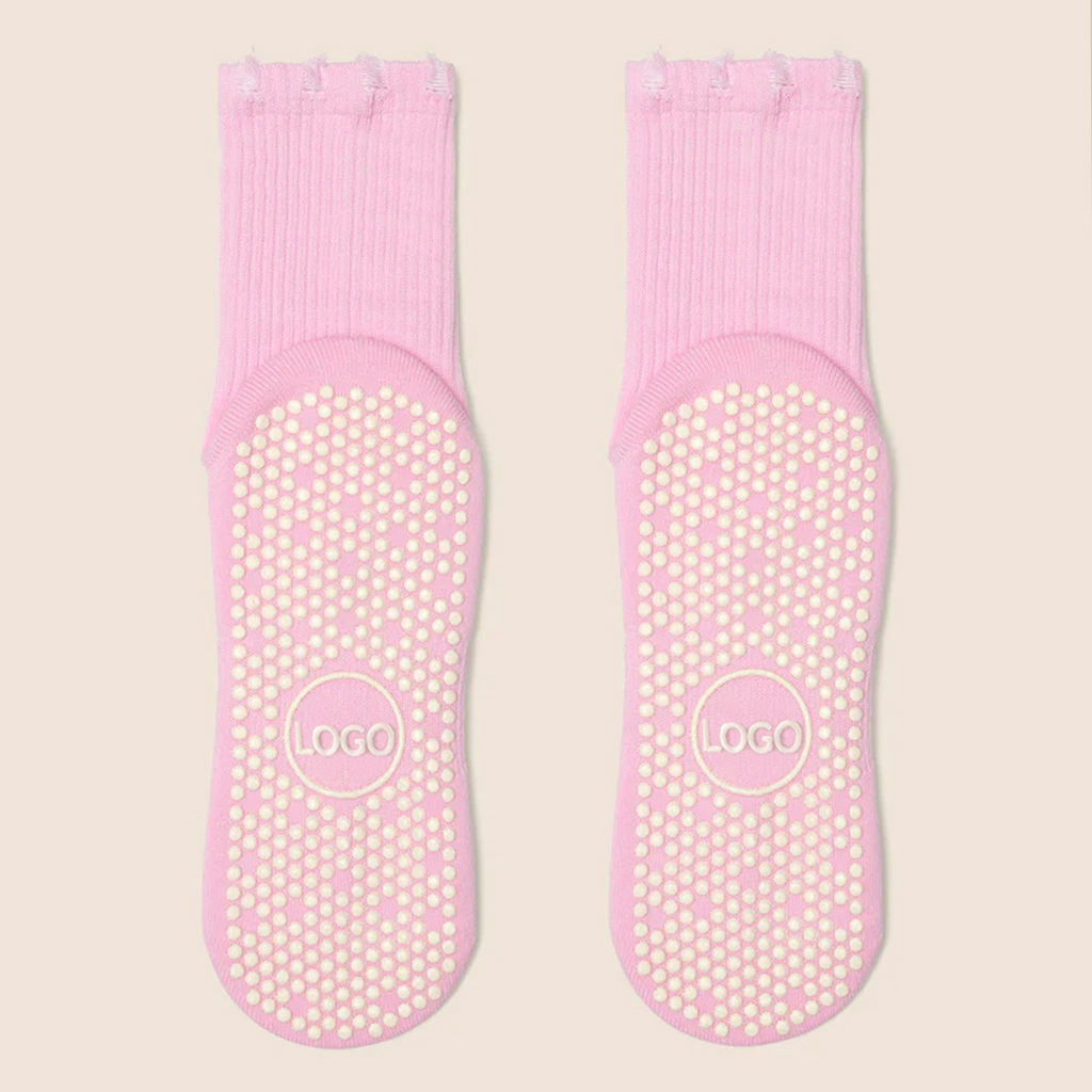 Distressed Grip Pilates Yoga Cotton Crew Socks with Embroidery Logo for Women Studio Training Custom Wholesale Socks