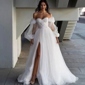 Abito da <span class=keywords><strong>sposa</strong></span> di lusso francese con strascico, spalle scoperte, schiena scoperta, vestibilità slim, effetto illusione, bianco, per damigelle e <span class=keywords><strong>sposa</strong></span> - Product Image 1