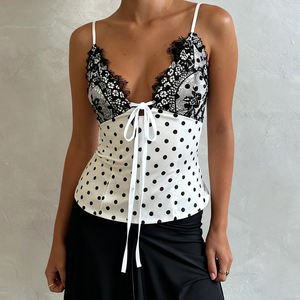 Top sans manches à lacets en dentelle purement séduisant, dentelle à empiècements, pois satinés, sans bretelles, fille sexy, couleur contrastée, dos nu - Product Image 3