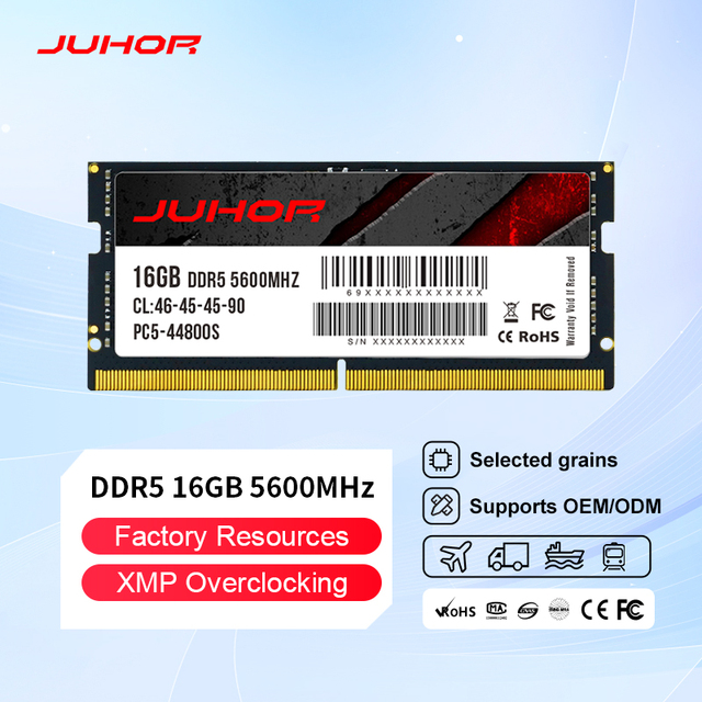 JUHOR DDR5 Ram 16GB 5600MHz SODIMM CE FCC RoHS Factory Direct OEM/ODM Laptop Memory