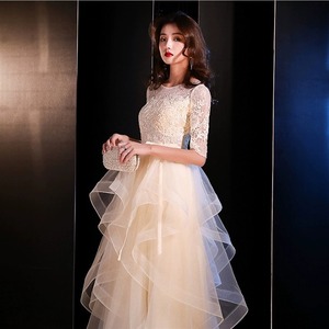 Women's Evening Gown Champagne Color Long Dress High Neck Empire Waist Asymmetric Wedding Party Hostess Dress - Product Image 1
