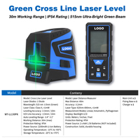 Kit de niveau laser croisé OEM, faisceau vert 515 nm, IP54, Li-ion 2200 mAh, avec télémètre laser 40 m, boîte couleur, vente en gros