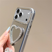 Coque de téléphone de luxe brillante avec strass, support cœur et couronne pour iPhone 18 17 Pro Max 16 15 14 13, avec cordon et miroir de maquillage intégré, protection intégrale