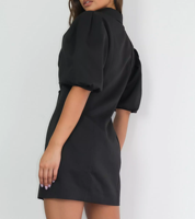 Gaun wanita gaun wanita elegan tipis Mini Puff lengan V leher V hitam jubah Blazer gaun wanita