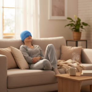 Casquette de soulagement des migraines en gel solide bleu avec masque oculaire coulissant - Brevet en instance - Chapeau anti-douleur pour maux de tête, gueule de bois et stress - Product Image 1