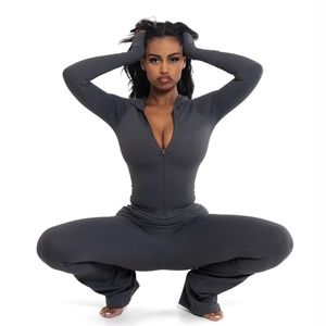 Custom 2pcs <b>Crop</b> <b>Zip</b>-<b>Up</b> Long Sleeve T-Shirt Legging Pants Sets Y2K Yoga Loungewear Women's Sports Bodysuits & Jumpsuits Yoga Set - Product Image 3