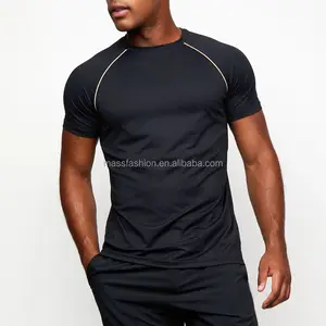 Black T Shirt With Piped Detailing On Shoulder Men's Training Tee Gym Wear Underarm Mesh Panel For Breathability