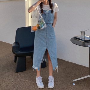 <strong>Ladies</strong> Summer Casual <strong>Dresses</strong> Women Front Slit Asymmetric Raw Hem Frayed Washed Denim <strong>Pinafore</strong> <strong>Dress</strong> 2022 - Product Image 2