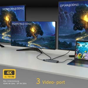 12-in-1 Type-<b>C</b> <b>Docking</b> <b>Station</b> with for 2.0 & DP 4K60Hz 3-Monitor Support <b>USB</b> 3.0 Charging Hub Aluminum in Stock - Product Image 3