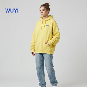 Vente en gros de sweats à capuche unisexes surdimensionnés en molleton de coton lourd 400GSM avec logo personnalisé, couleur unie jaune, style streetwear - Product Image 2