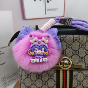 Nuevo llavero de luz de felpa linda chica personaje de dibujos animados impresión Digital pompón bola mochila colgante coche llavero al por mayor - Product Image 3