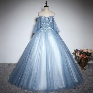 Blue Off Shoulder Tulle Ball Gown With Floral Embroidery For Women Stage Performance Dress Long <b>Skirt</b> - Product Image 1