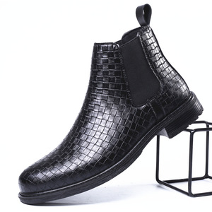 Men Woven Plaid High Top Chelsea Leather Boots Elastic Stretch Slip On Ankle <b>Booties</b> For Autumn Winter - Product Image 4