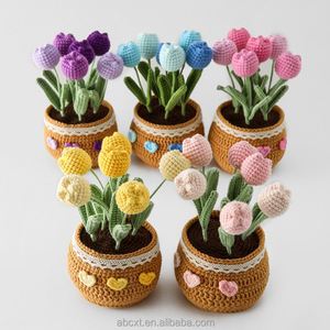 Handmade Knitted Artificial Crochet Tulip Flower Pot Plant Home Decoration for <b>Graduation</b> and Halloween - Product Image 1