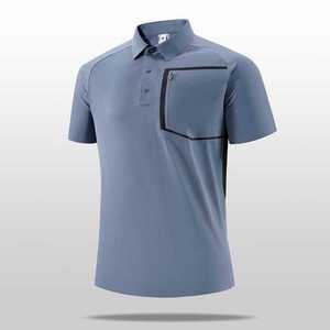 Polo de poliéster para hombre, manga corta, ropa deportiva de verano, tejida, con etiqueta y cuello redondo, color verde militar - Product Image 3