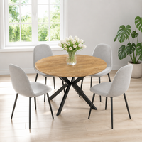 Table à manger ronde élégante, plateau en bois de caoutchouc massif, support en métal noir, couleurs et matériaux en option, professionnel