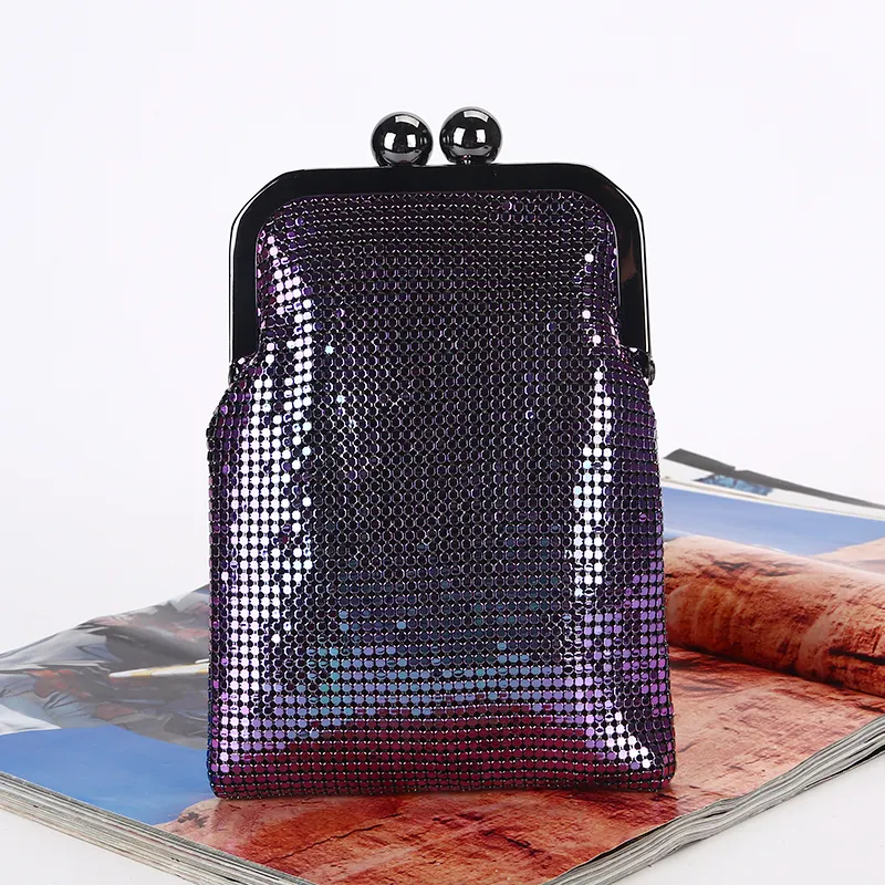 Bolsa de mão de alumínio com glitter, pequena bolsa crossbody feminina de malha de metal, bolsa de mão com alça para moedas